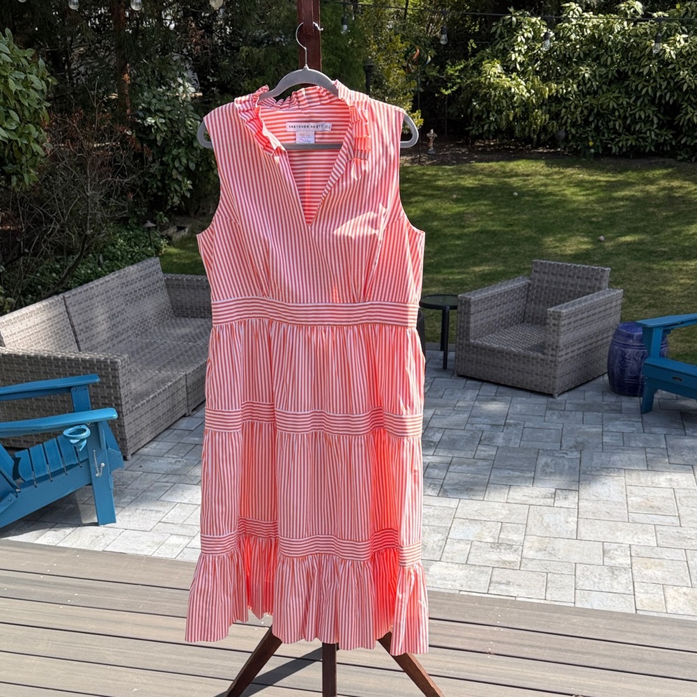 Gretchen Scott Designs Coral and White Striped Sleeveless Midi Dress